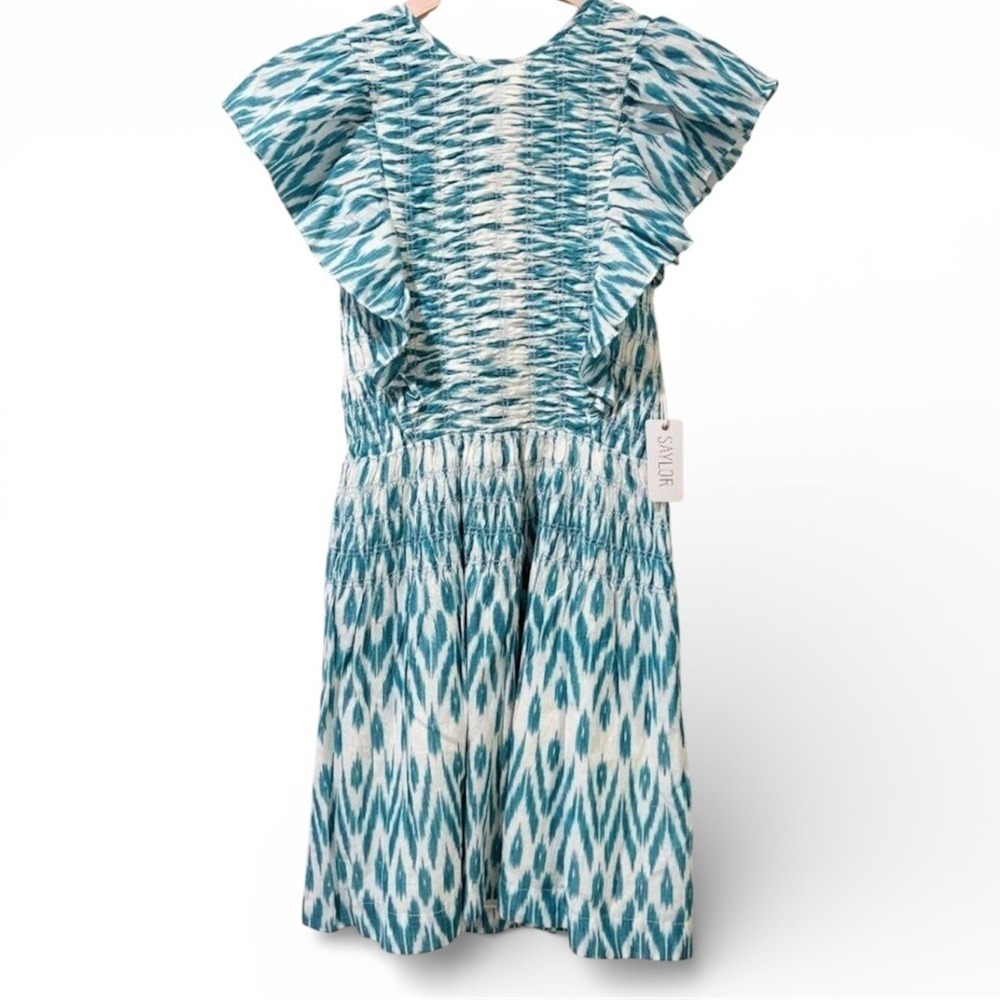 NWT Saylor Azalea Ikat Ruffle Boho 100% Cotton Short Dress S Capri Blue Tie Back
